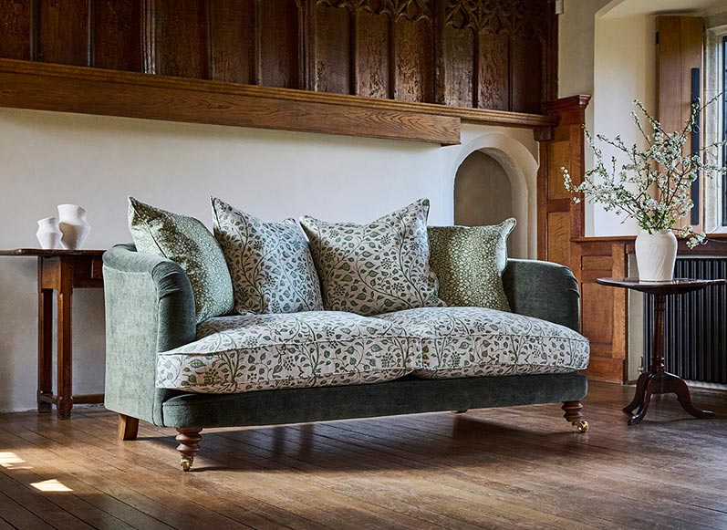 1 Helmsley 3 Seater Sofa in Mohair Fir with Seat and Back Cushions in Trailing Vine Olive and Small Trailing Vine Olive